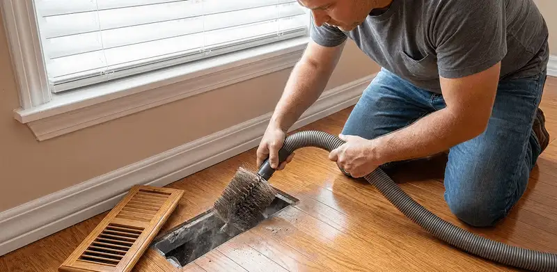 Air duct cleaning technician vacuuming a floor vent and duct opening in Huntsville, AL
