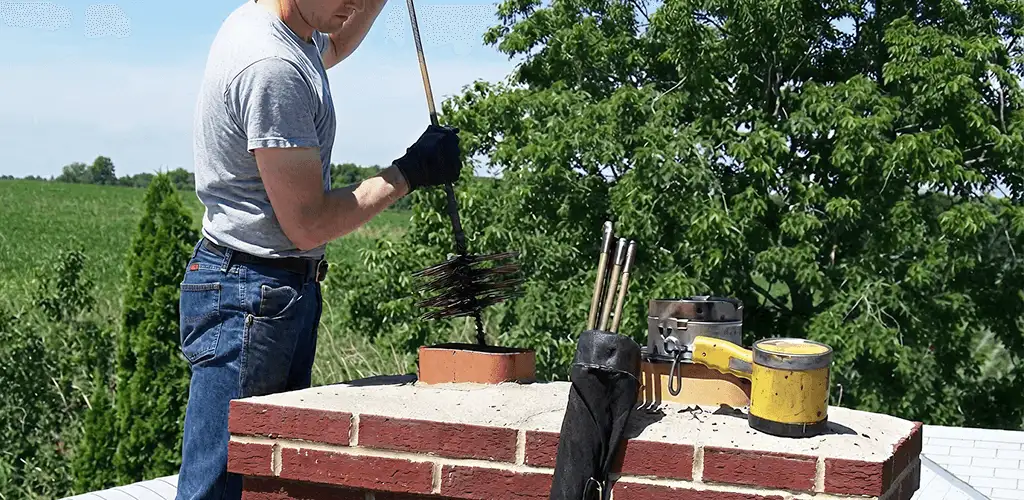 Chimney cleaning technician working on a rooftop chimney with professional tools in Huntsville, AL