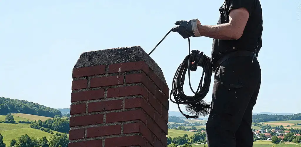 Chimney sweep inspecting and cleaning a rooftop chimney in Huntsville, AL