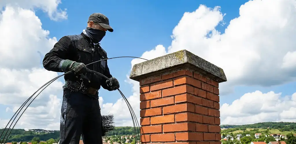 Chimney sweep cleaning a brick chimney with professional tools in Huntsville, AL