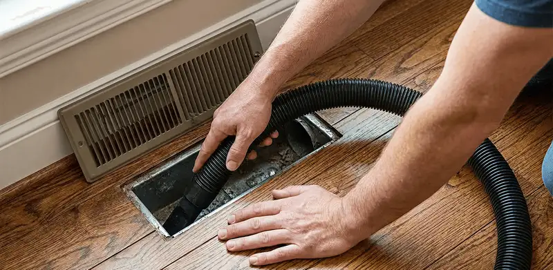 Air duct cleaning technician vacuuming a floor register and duct opening in Huntsville, AL