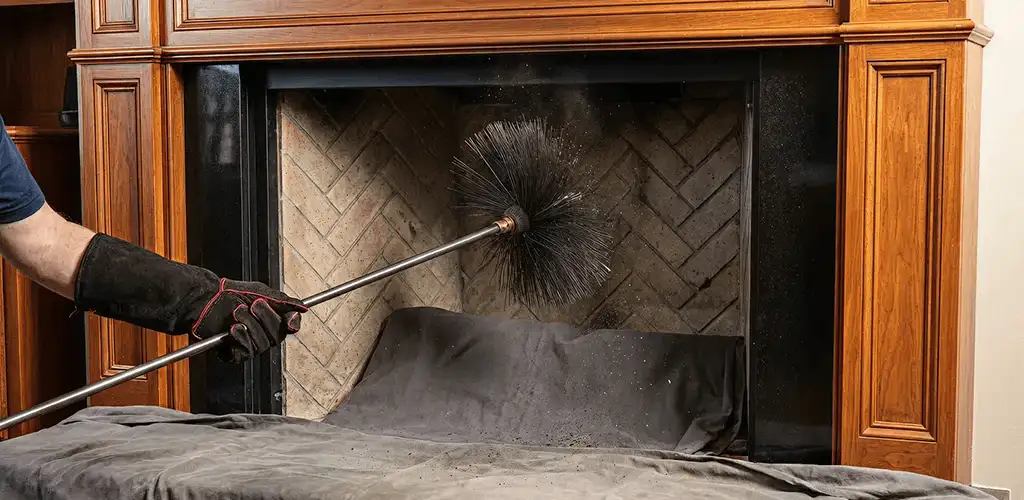 Chimney cleaning service brushing soot from a fireplace and flue in Huntsville, AL