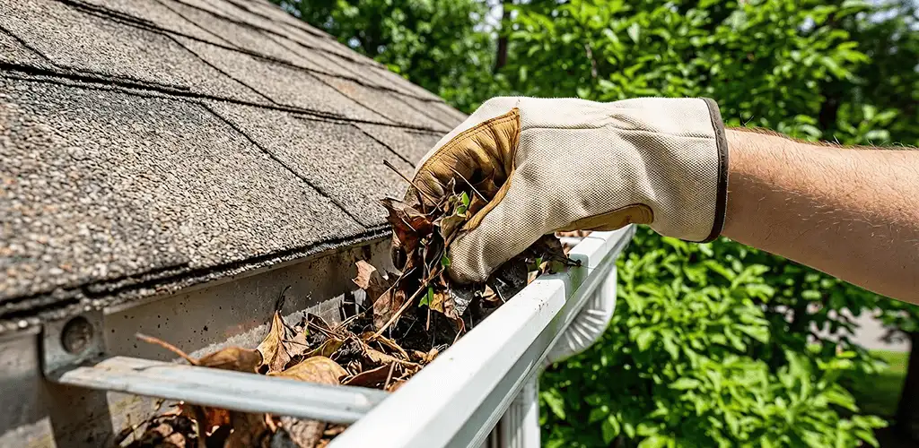 Gutter cleaning removing leaves and debris from roof gutters in Huntsville, AL