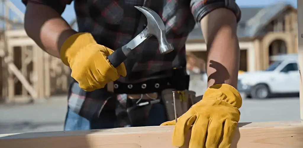 Handyman fixing wood trim with a hammer for home repairs in Huntsville, AL