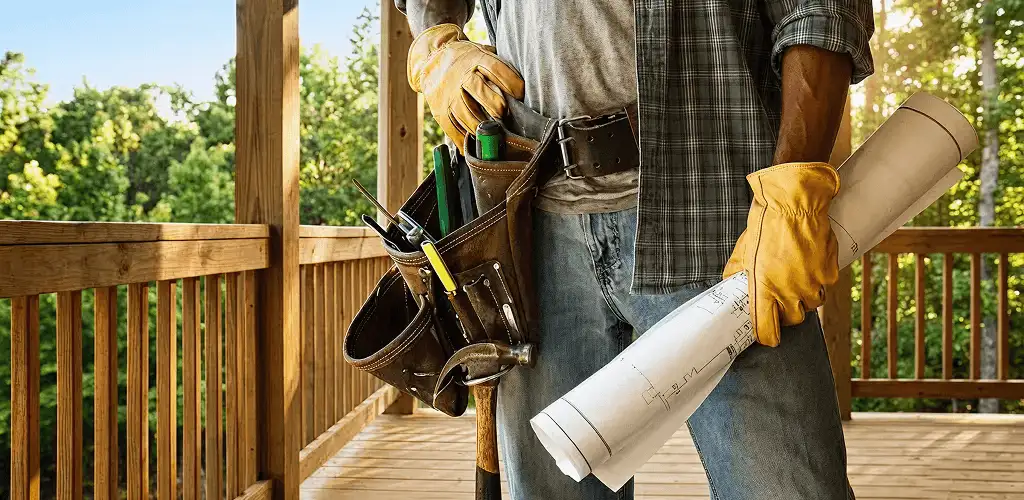 Professional handyman with tool belt ready for home repairs in Huntsville, AL