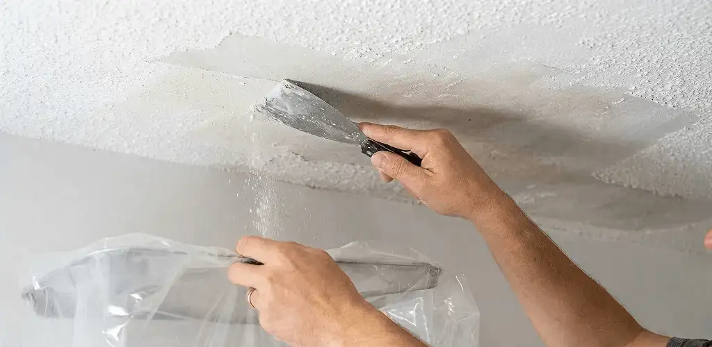 Popcorn ceiling removal technician scraping texture from a ceiling in Huntsville, AL