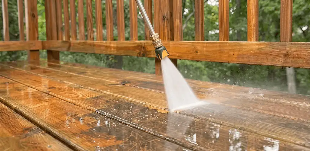 Pressure washing a wood deck to remove dirt and buildup in Huntsville, AL
