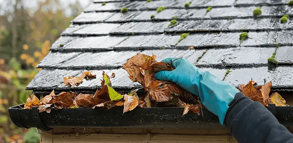 Gutter cleaning technician clearing wet leaves from roof gutters in Huntsville, AL