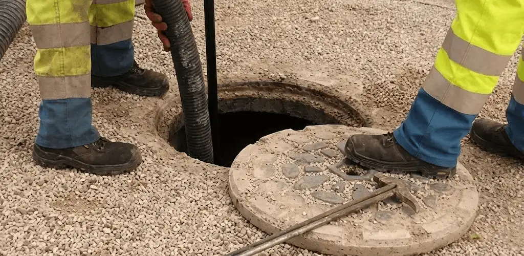 Drain cleaning crew clearing a sewer access point with professional equipment in Huntsville, AL