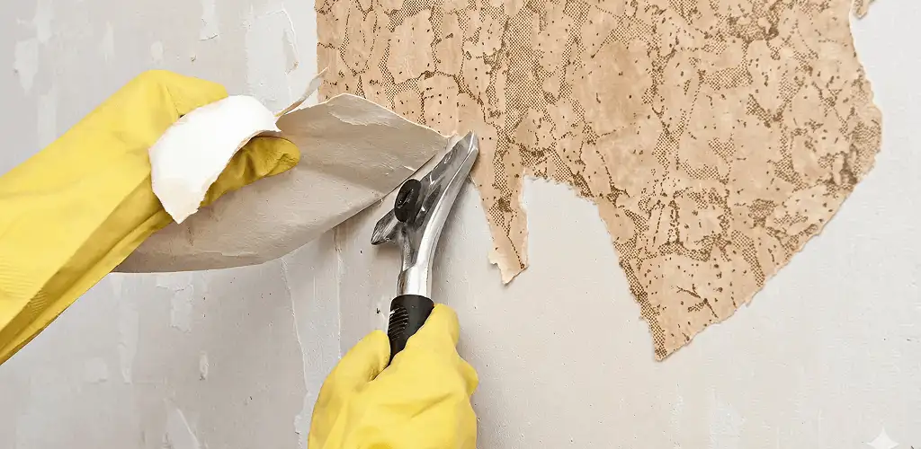 Wallpaper removal service stripping old wallpaper from a wall in Huntsville, AL
