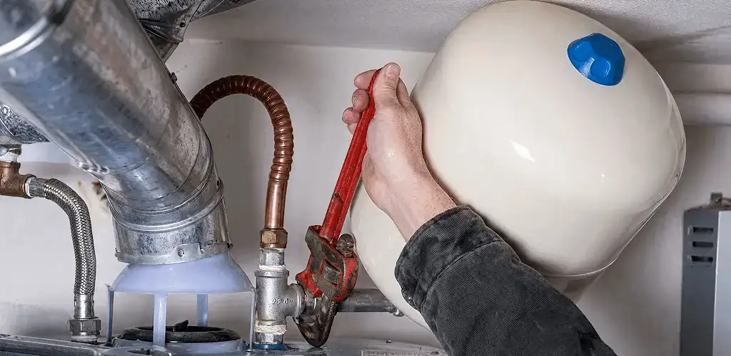 Water heater repair technician tightening plumbing connections near a tank unit in Huntsville, AL