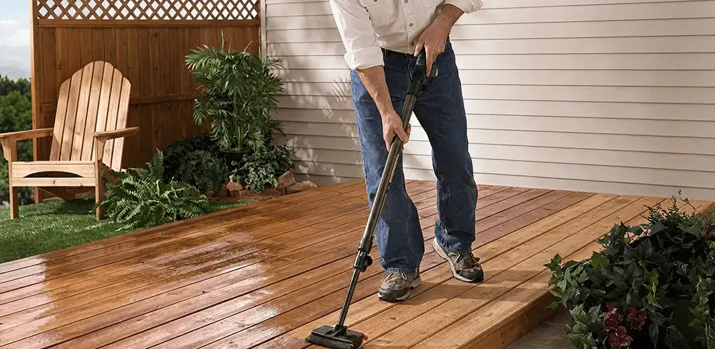 Deck staining service applying stain to a backyard wood deck in Huntsville, AL